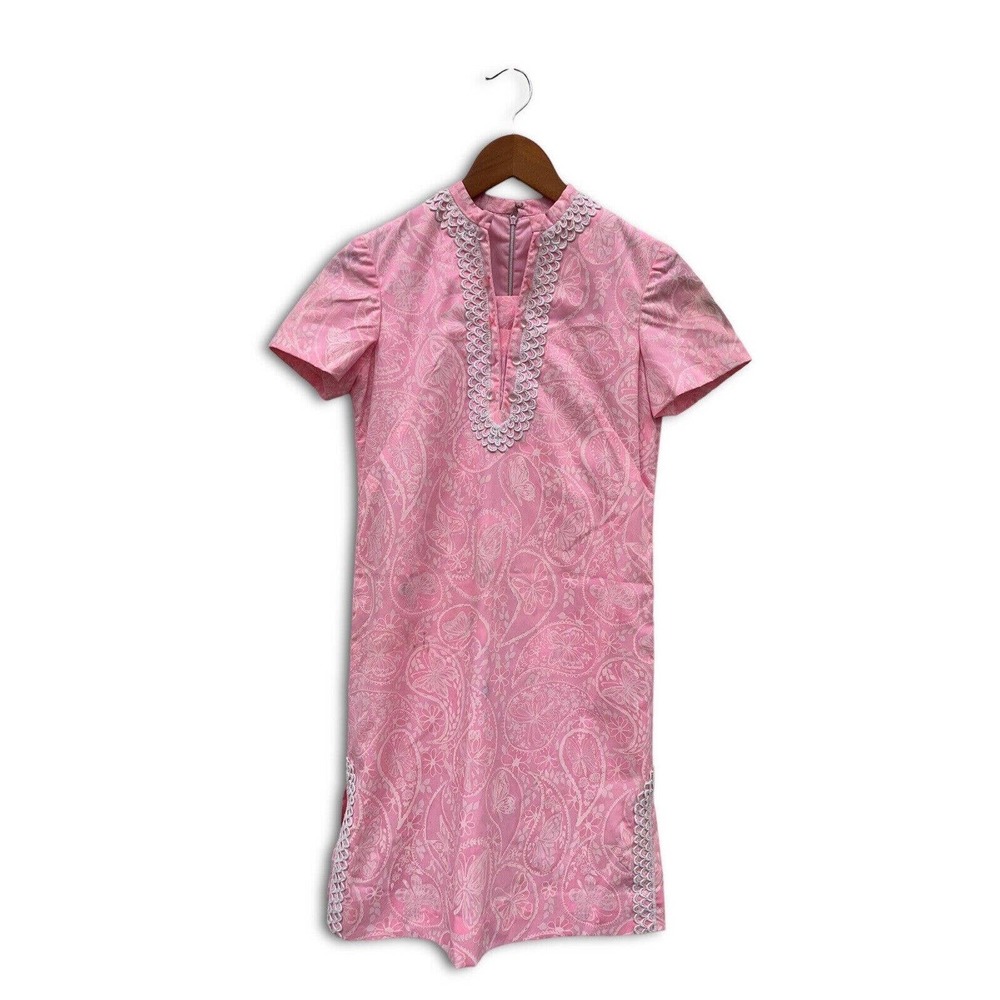 50s PINK shift dress sleeveless BUTTERFLY Knee Length